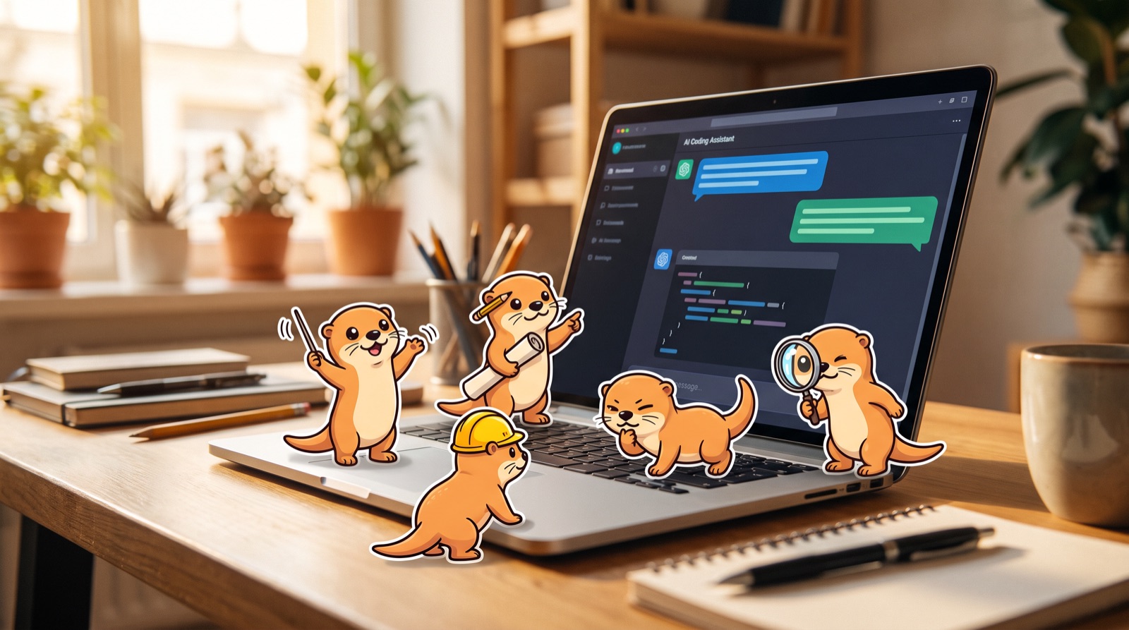 Five cartoon otters as the swarm: one pointing, one with a blueprint, one in a hard hat, one thinking, one with a magnifier